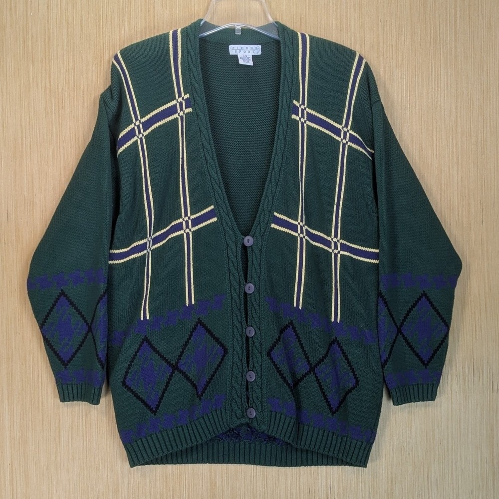 Picone Cardigan Sweater Womens‎ Large Green Argyle Plaid Grandpa Oversized Retro